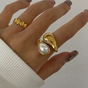 18K Gold Plated Chunky Faux Pearl Adjustable Ring